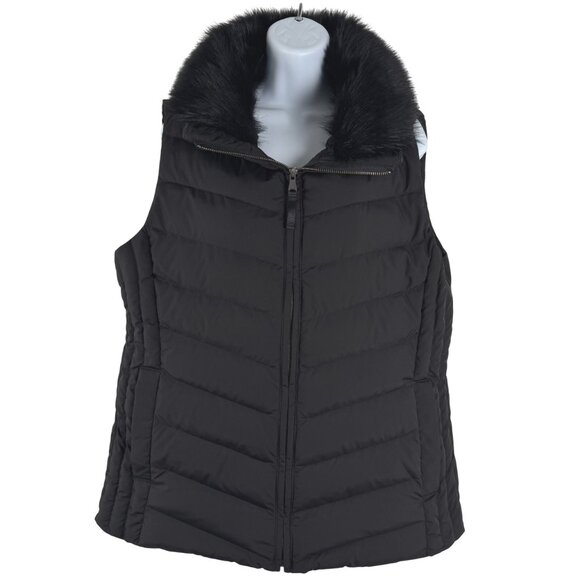 Talbots Puffer Down Vest Womens Large Black Faux Fur Full Zip Outdoor CJ-2103 - Picture 1 of 8